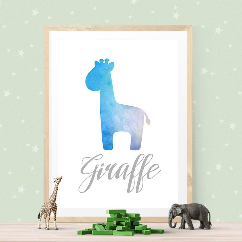 844x844 Watercolor Nursery Art - Blue Giraffe Watercolor