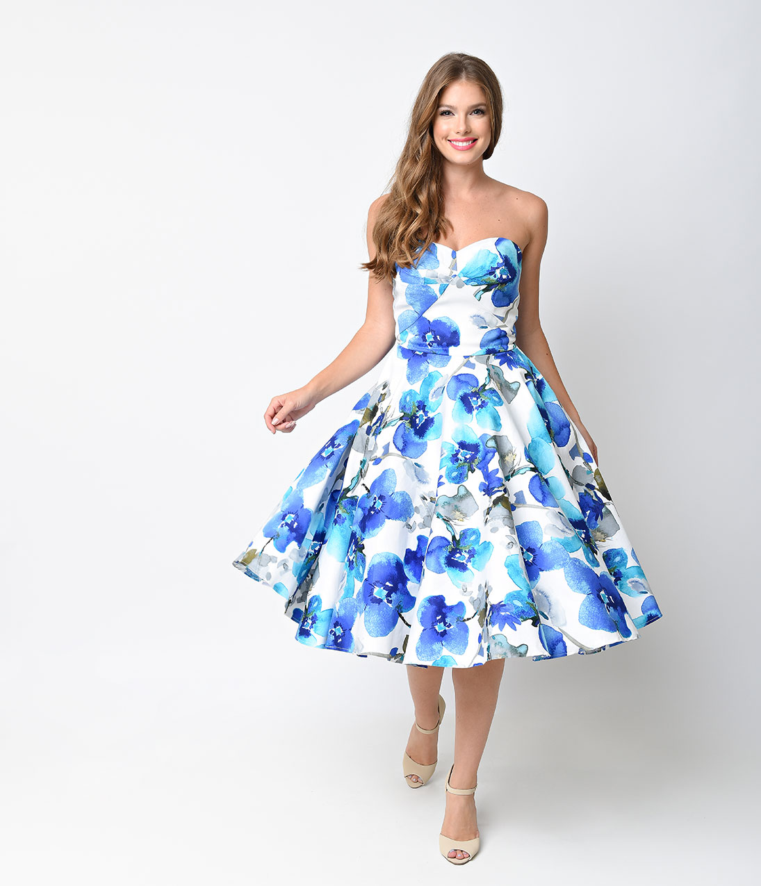 1095x1275 Iconic By Uv 1950s Blue Watercolor Floral June Swing Dress - Blue Watercolor Dress