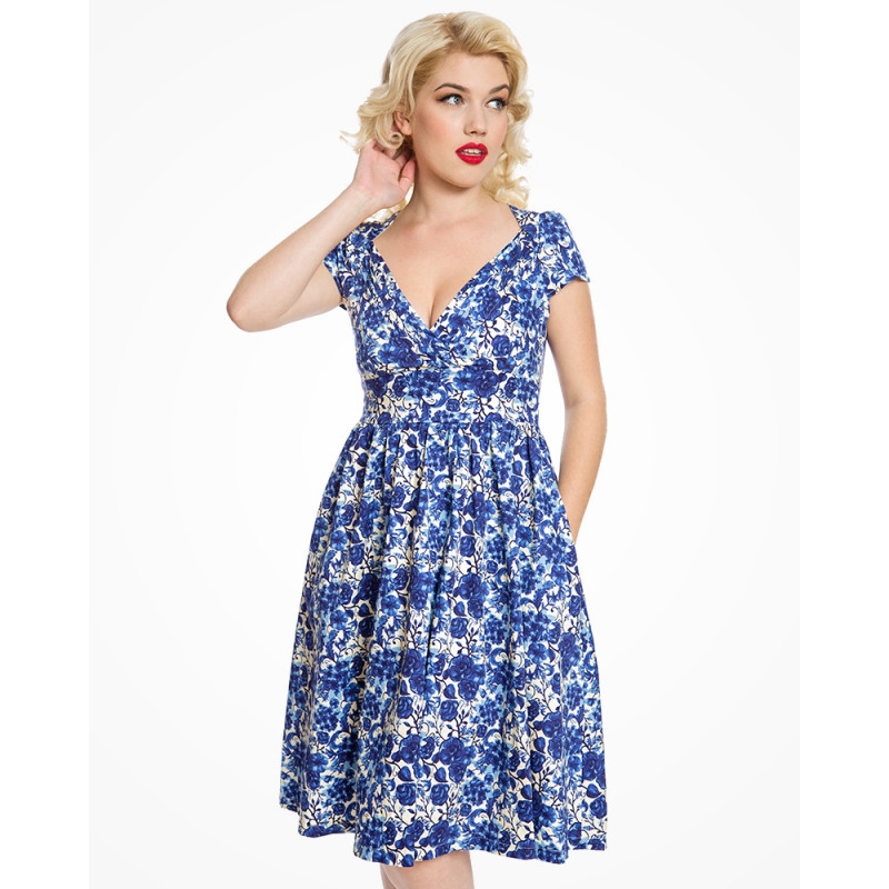 800x800 Magnolia Blue Watercolour Floral Swing Dress By Lindy Bop - Blue Watercolor Dress