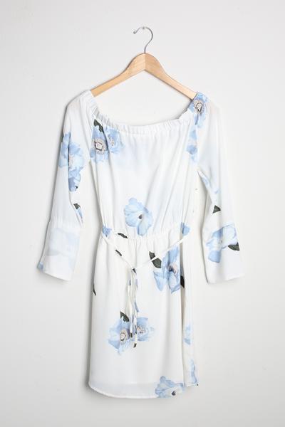 400x600 Off The Shoulder Printed Dress Blue Watercolor Flowers - Blue Watercolor Dress