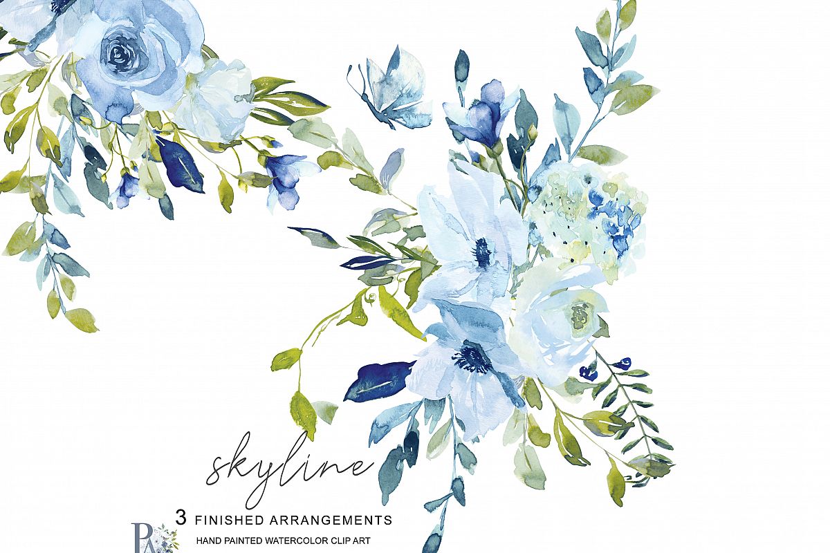1200x800 Hand Painted Watercolor Light Blue And Green Florals Clipart - Blue Watercolor Flowers