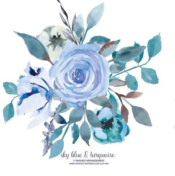 570x571 Watercolor Flower Clipart One Arrangement Hand Painted Flowers Etsy - Blue Watercolor Flowers