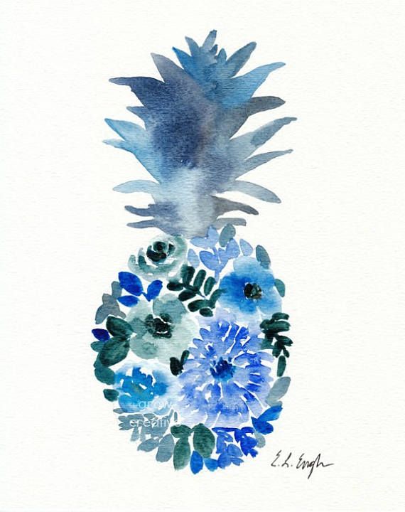570x720 Blue Watercolor Flower Pineapple Painting, Original Watercolor - Blue Watercolor Flowers