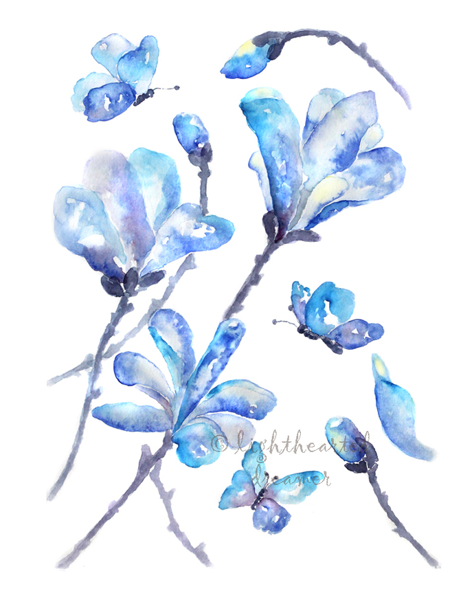 690x863 Magnolia Print, Bedroom Wall Art, Lighthearteddreamer - Blue Watercolor Flowers