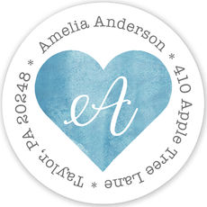 230x230 Personalized Pink Watercolor Heart Round Address Labels - Blue Watercolor Heart