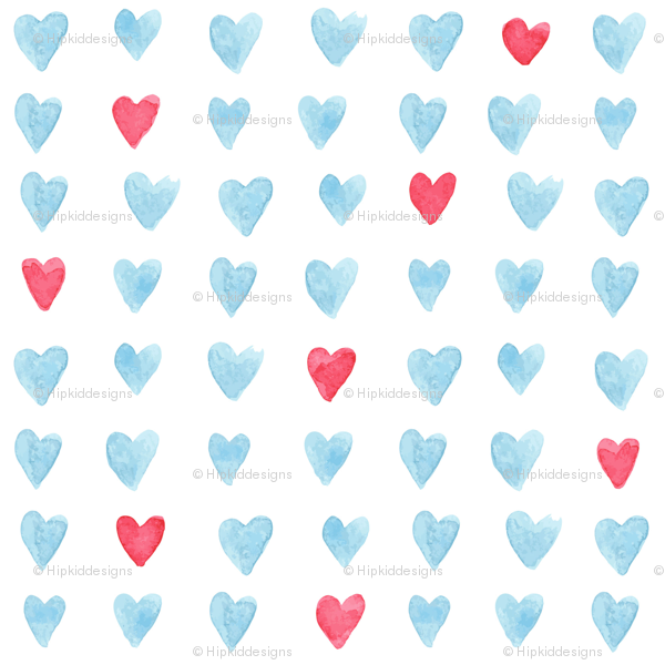 600x600 4 Red And Blue Watercolor Hearts Fabric - Blue Watercolor Heart