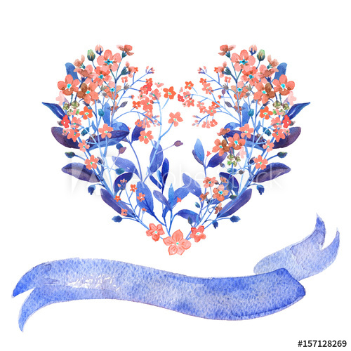 500x500 Watercolor Heart Shaped And Ribbon Set. Red Forget Me Nots With - Blue Watercolor Heart