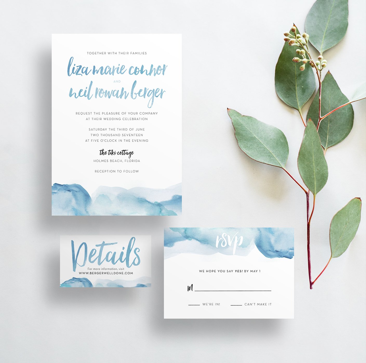 1409x1399 Watercolor Ombre Wedding Invites Dusty Blue - Blue Watercolor Ombre