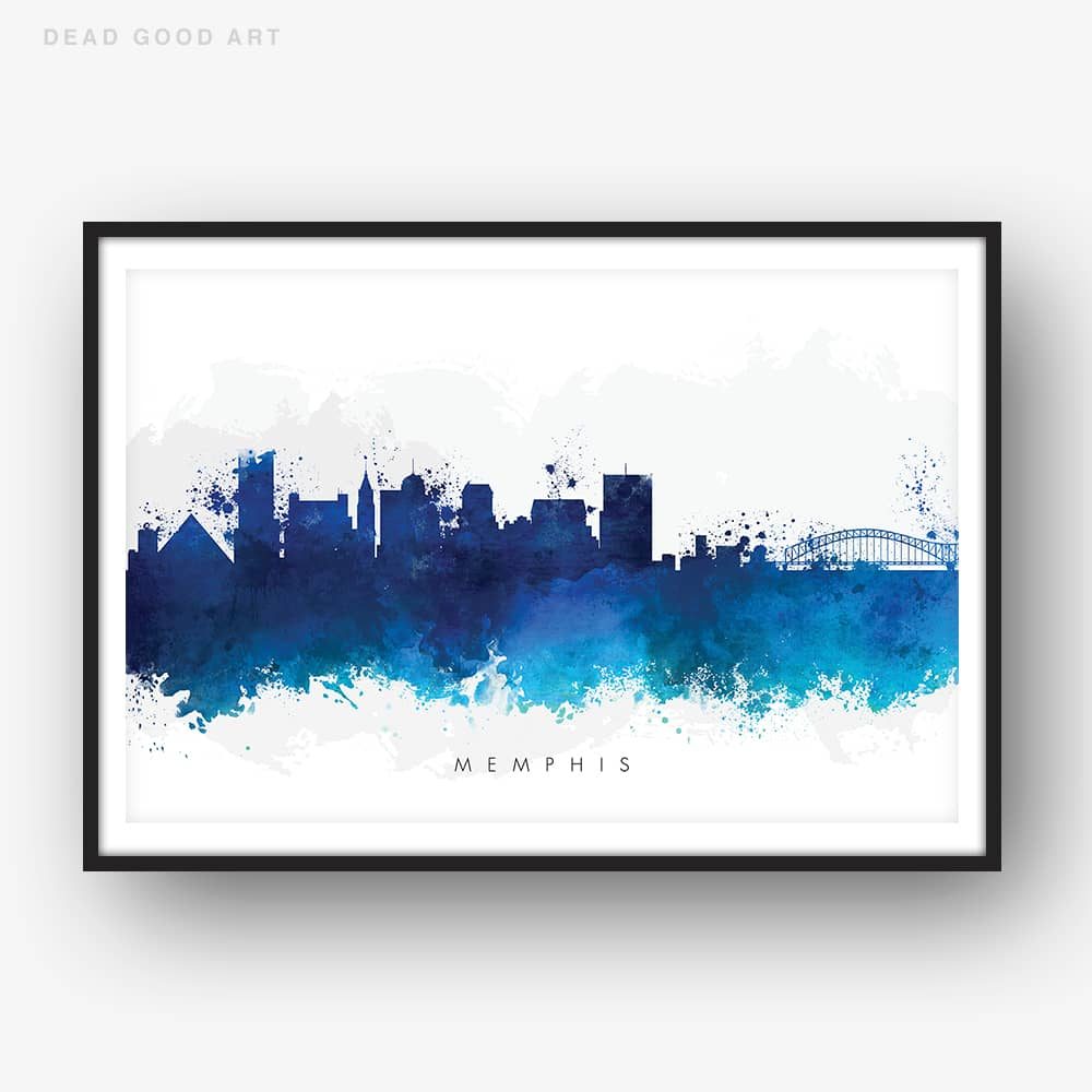1000x1000 Memphis Skyline, Blue Watercolor Print Dead Good Art - Blue Watercolor Print