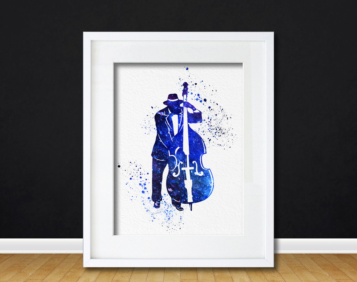 1140x900 Watercolor Art Print Bass Jazz Player Modern 8x10 Wall Art Decor - Blue Watercolor Print