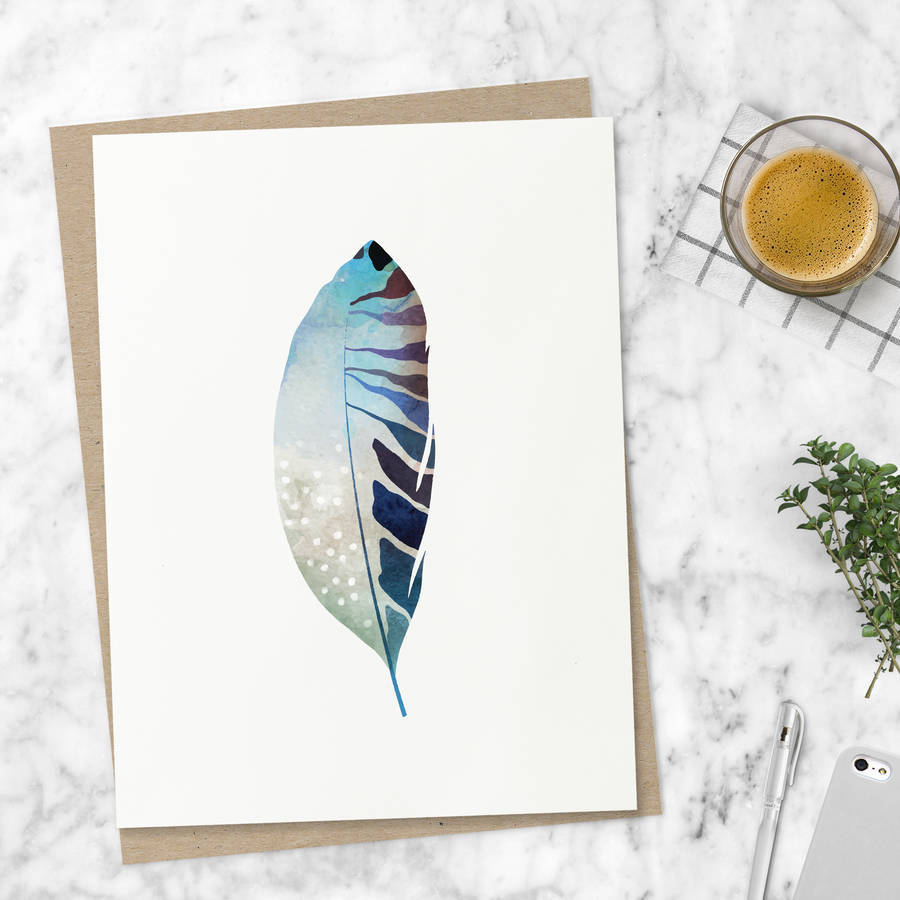 900x900 Blue Watercolour Illustration Feather Print By The Motivated Type - Blue Watercolor Print