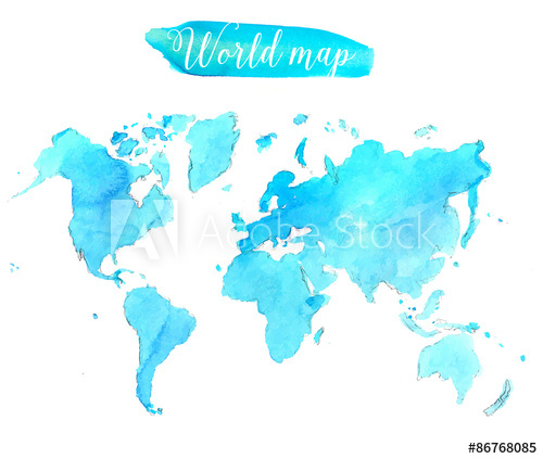 500x423 Blue Watercolor World Map. Vector Artistic Illustration. - Blue Watercolor World Map