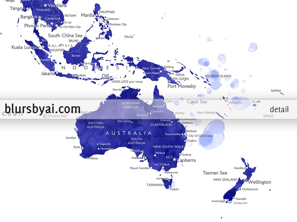 1024x768 Canvas Print Of A Navy Blue Watercolor World Map With Cities - Blue Watercolor World Map