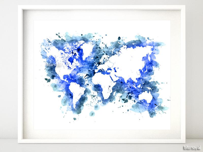 Blue Watercolor World Map at PaintingValley.com | Explore collection of ...