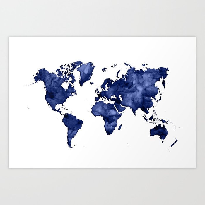 700x700 Dark Navy Blue Watercolor World Map Art Print By Blursbyaishop - Blue Watercolor World Map