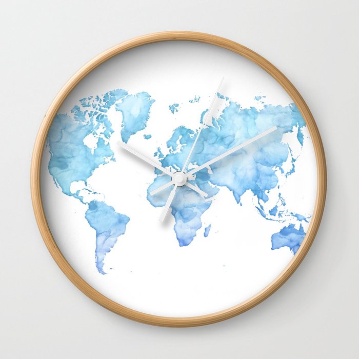 700x700 Light Blue Watercolor World Map Wall Clock By Blursbyaishop Society6 - Blue Watercolor World Map