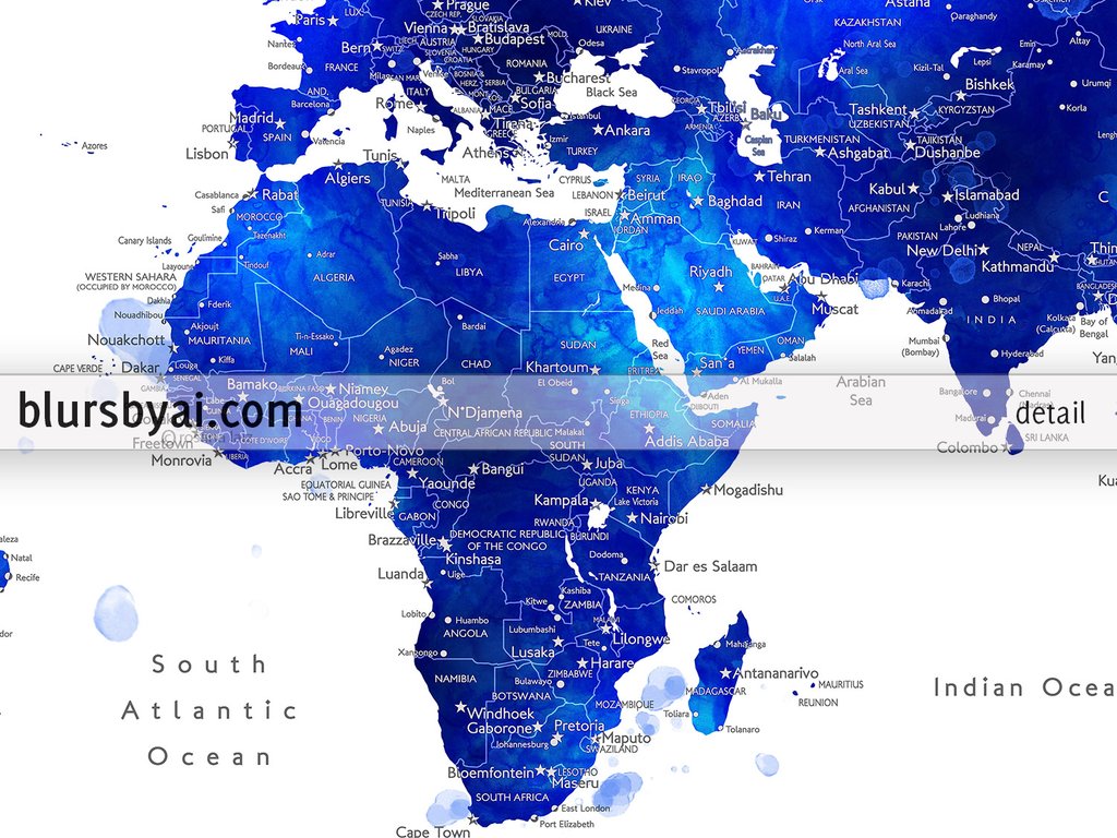 1024x768 Personalized Map Print Watercolor World Map With Cities In Navy - Blue Watercolor World Map