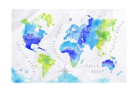473x315 Watercolor World Map Green Blue Poster By Anna42f - Blue Watercolor World Map