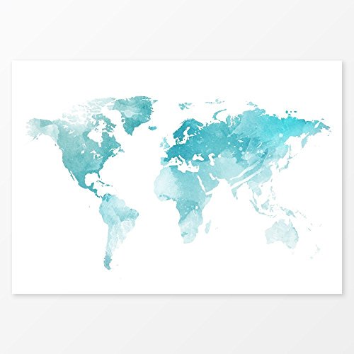 500x500 Watercolor Decor Ice Blue World Map Print, Size 5x7 - Blue Watercolor World Map