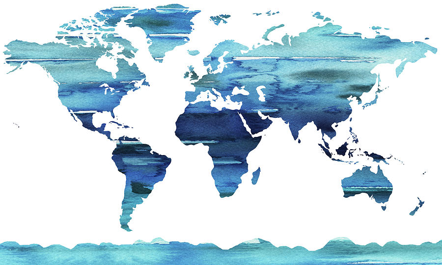 900x540 Blue Watercolor Earth World Map Painting By Irina Sztukowski - Blue Watercolor World Map