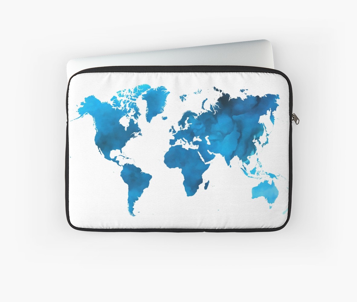 1181x999 Blue Watercolor World Map Laptop Sleeves By Bangint Redbubble - Blue Watercolor World Map