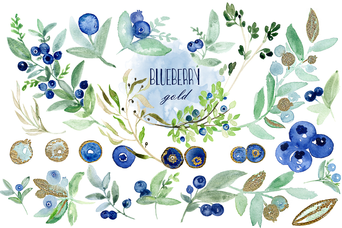 1160x772 Blueberry Gold. Watercolor Clipart. By Labfcreations - Blueberry Watercolor