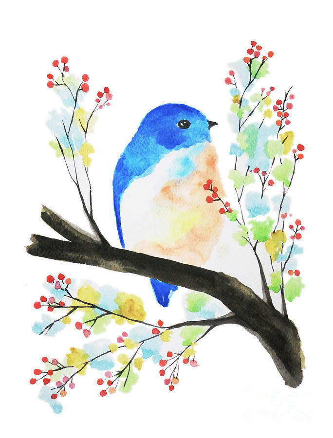 684x900 Watercolor Blue Bird On Branch Painting By Rasirote Buakeeree - Bluebird Watercolor