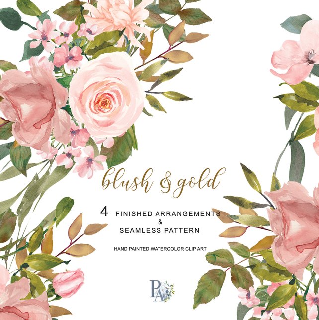642x643 Watercolor Flower Clipart Blush Rose Gold Leaves Clipart Hand Etsy - Blush Watercolor Flowers
