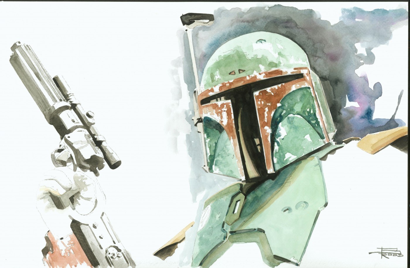 1400x917 Watercolor Artwork The Art Of Brian Rood - Boba Fett Watercolor