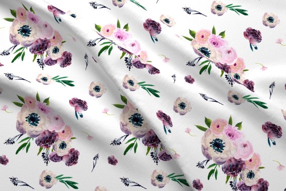 570x380 Boho Watercolor Fabric Dark Floral Print In White By Etsy - Bohemian Watercolor