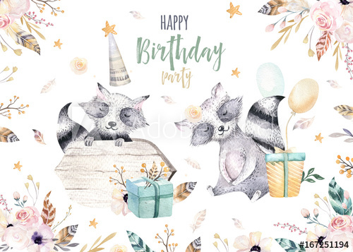 500x357 Cute Baby Raccon Nursery Animal Isolated Illustration For Children - Bohemian Watercolor