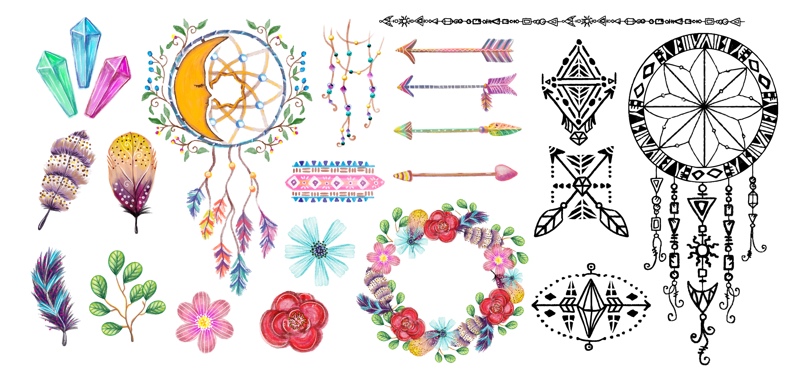 3238x1529 Free Download Watercolor Bohemian Elements And Illustrations - Bohemian Watercolor