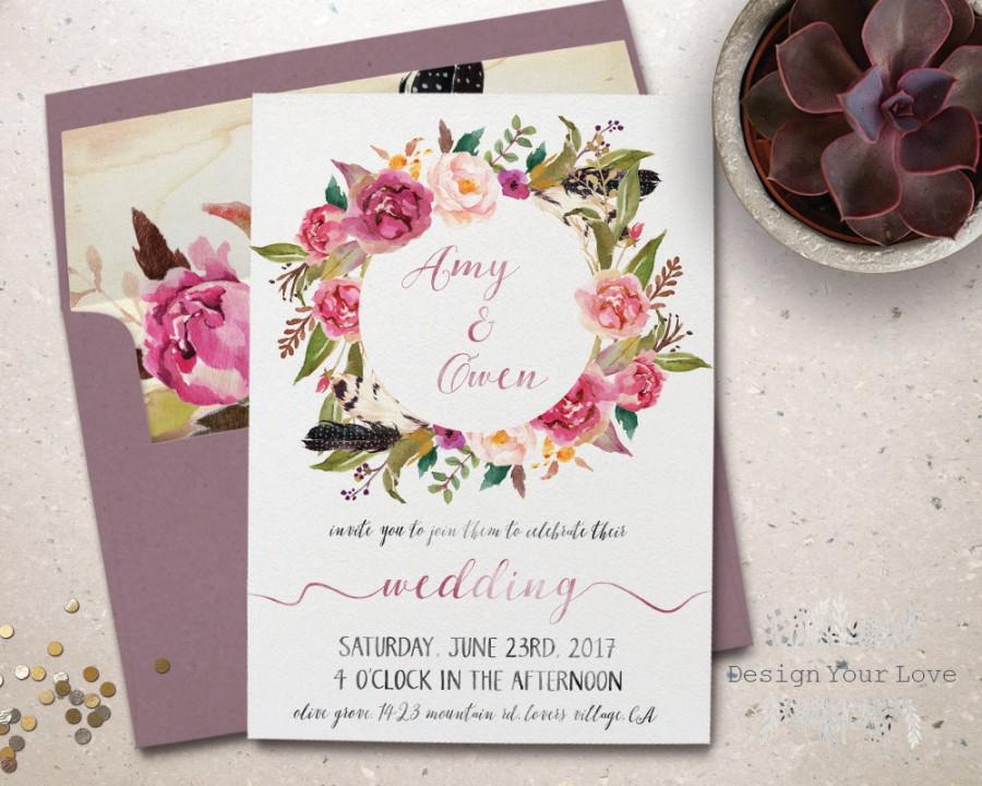 900x720 Printable Wedding Invitation Printable Floral Wreath Wedding - Bohemian Watercolor