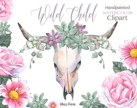 570x448 Watercolor Floral Bull Skull Wild Child Tribal Boho Etsy - Bohemian Watercolor