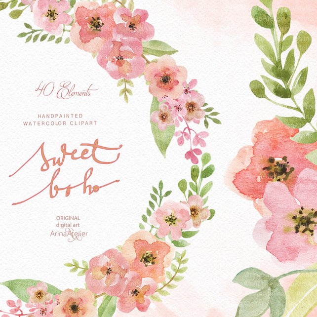 642x642 Sweet Boho Watercolor Clipart Boho Flowers Clipart Wedding Etsy - Boho Watercolor