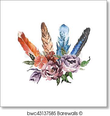 362x382 Art Print Of Watercolor Boho Chic Image Flowers, Feathers, Animal - Boho Watercolor