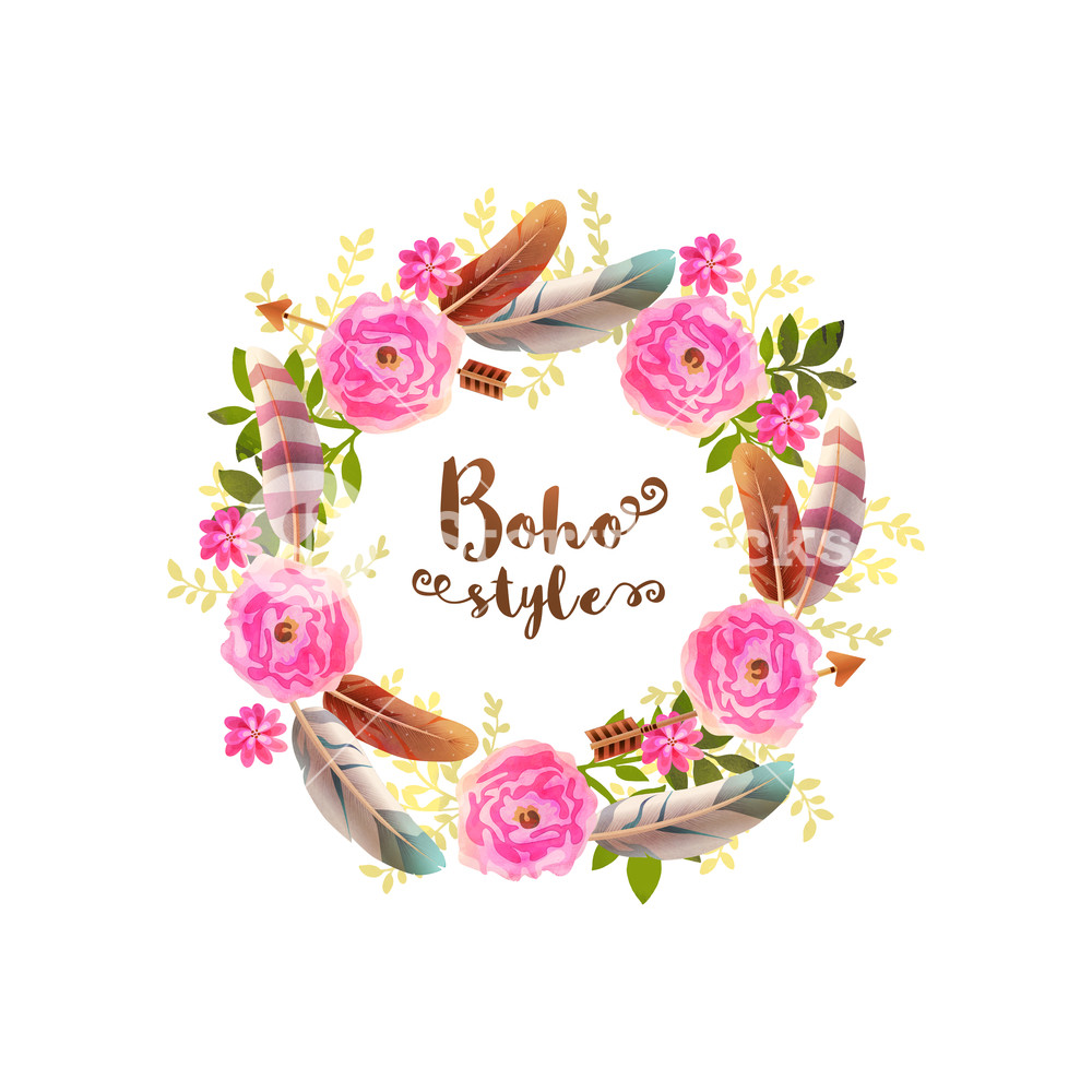 1000x1000 Boho Style Frame Made By Watercolor Flowers And Colorful Feathers - Boho Watercolor Flowers