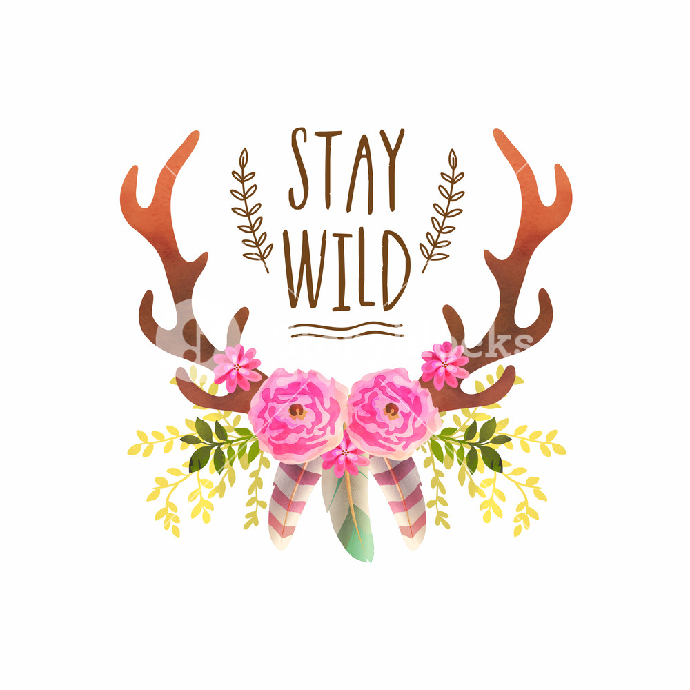 1000x1000 Boho Style Watercolor Flowers With Glossy Horns, Colorful Feathers - Boho Watercolor Flowers