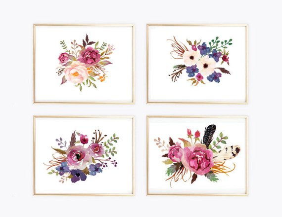 570x440 Boho Watercolor Flowers Print Wall Art Print Flowers Art Etsy - Boho Watercolor Flowers