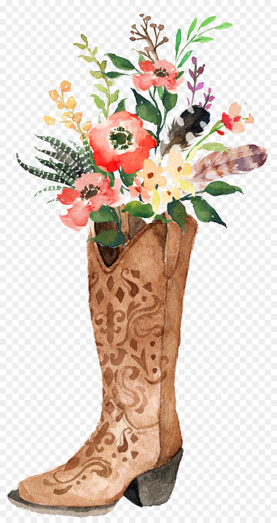 900x1700 Cowboy Boot Watercolor Painting Boho Chic - Boho Watercolor Flowers