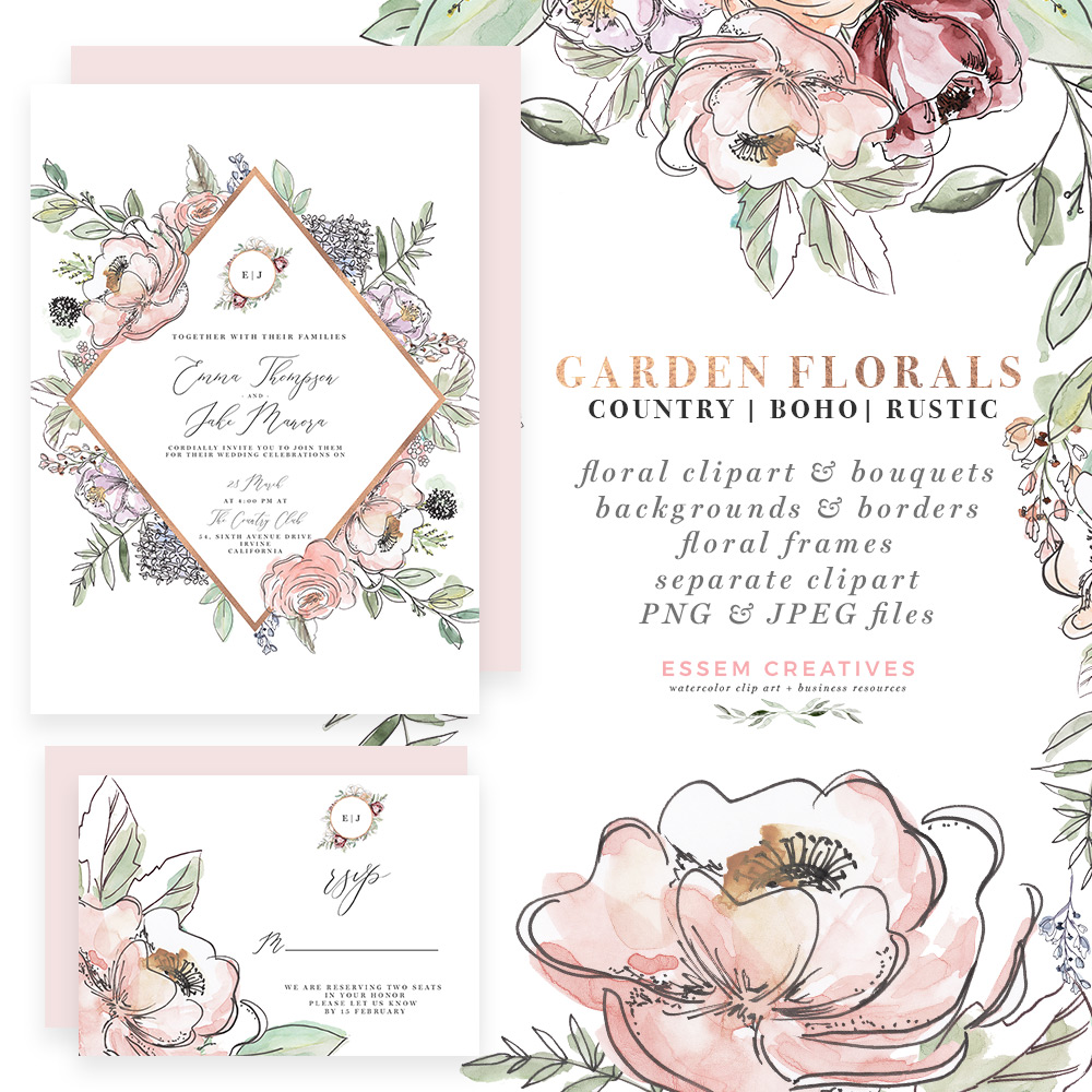 1000x1000 Garden Floral Watercolor Invitation Borders Papers Clipart - Boho Watercolor Flowers