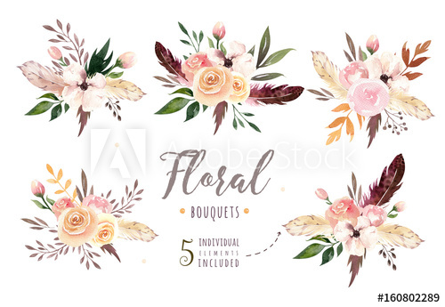 500x345 Hand Drawing Isolated Boho Watercolor Floral Illustration With - Boho Watercolor Flowers