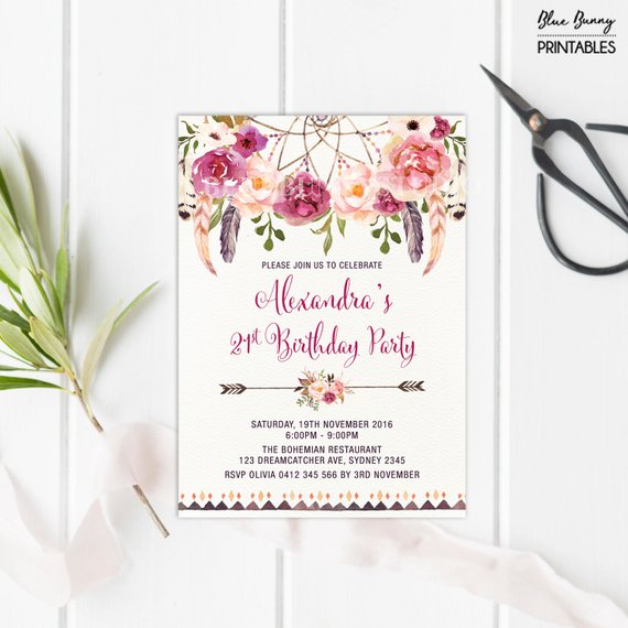 570x570 Bohemian 21st Birthday Invitation. All Ages. Boho Floral Invite - Boho Watercolor Flowers