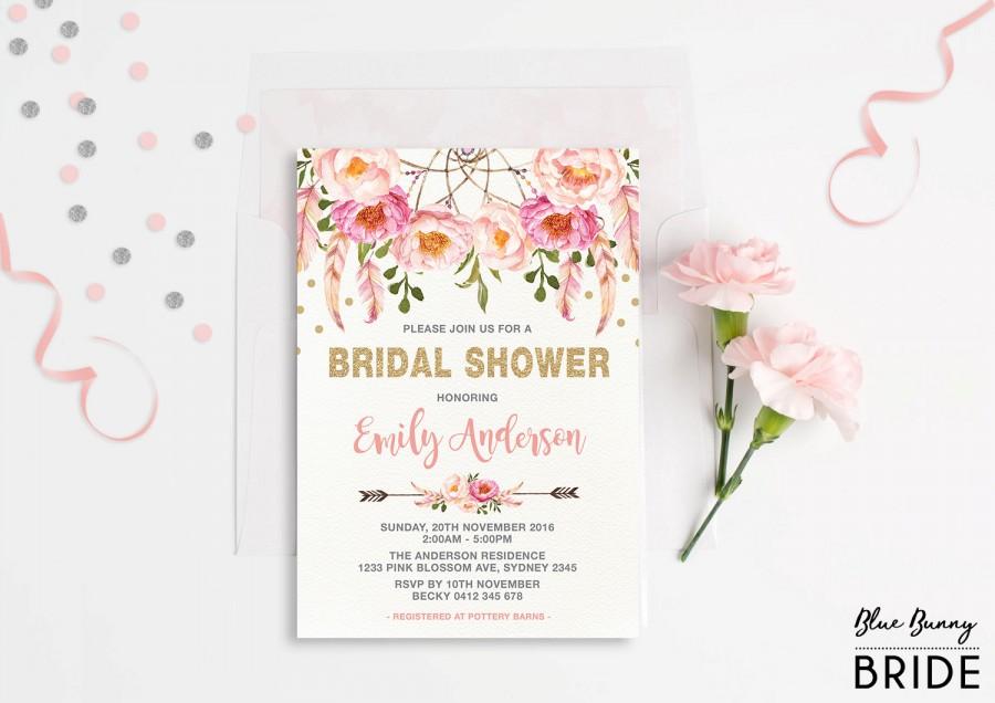 900x636 Pink And Gold Floral Bridal Shower Invitation. Bohemian Pink - Boho Watercolor Flowers