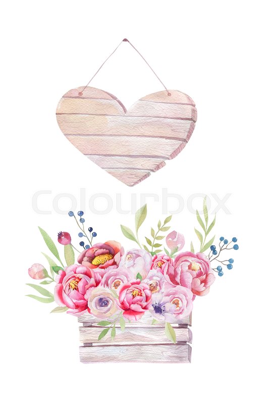 533x800 Watercolor Flowers Wooden Heart. Hand Drawn Chic Vintage Garden - Boho Watercolor Flowers