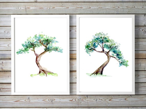 570x428 Bonsai Tree Art 2 Tree Watercolor Paintings Giclee Print Etsy - Bonsai Tree Watercolor
