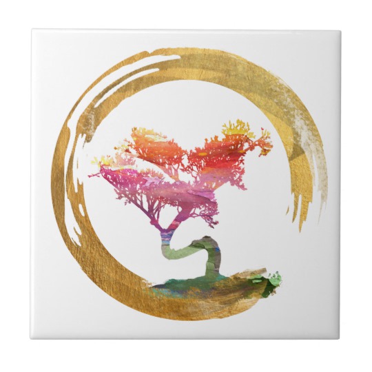 540x540 Bonsai Tree. Zen Enso Circle. Watercolor Art Ceramic Tile - Bonsai Tree Watercolor
