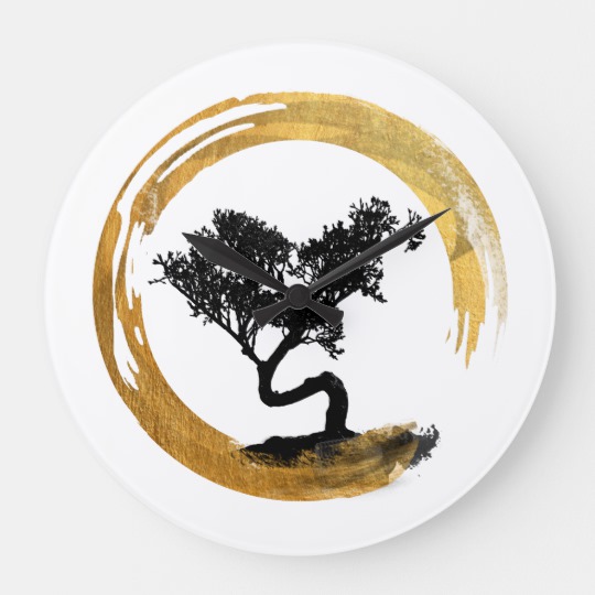 540x540 Bonsai Tree. Zen Enso Circle. Watercolor Art Large Clock - Bonsai Tree Watercolor