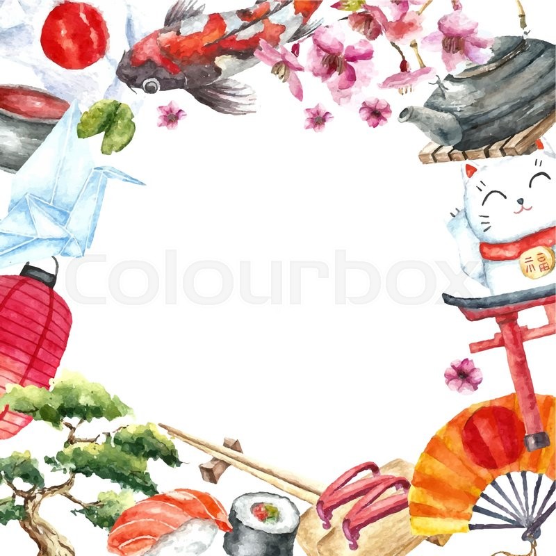 800x800 Watercolor Japanese Frame. Round Frame With Hand Draw Japanese - Bonsai Tree Watercolor