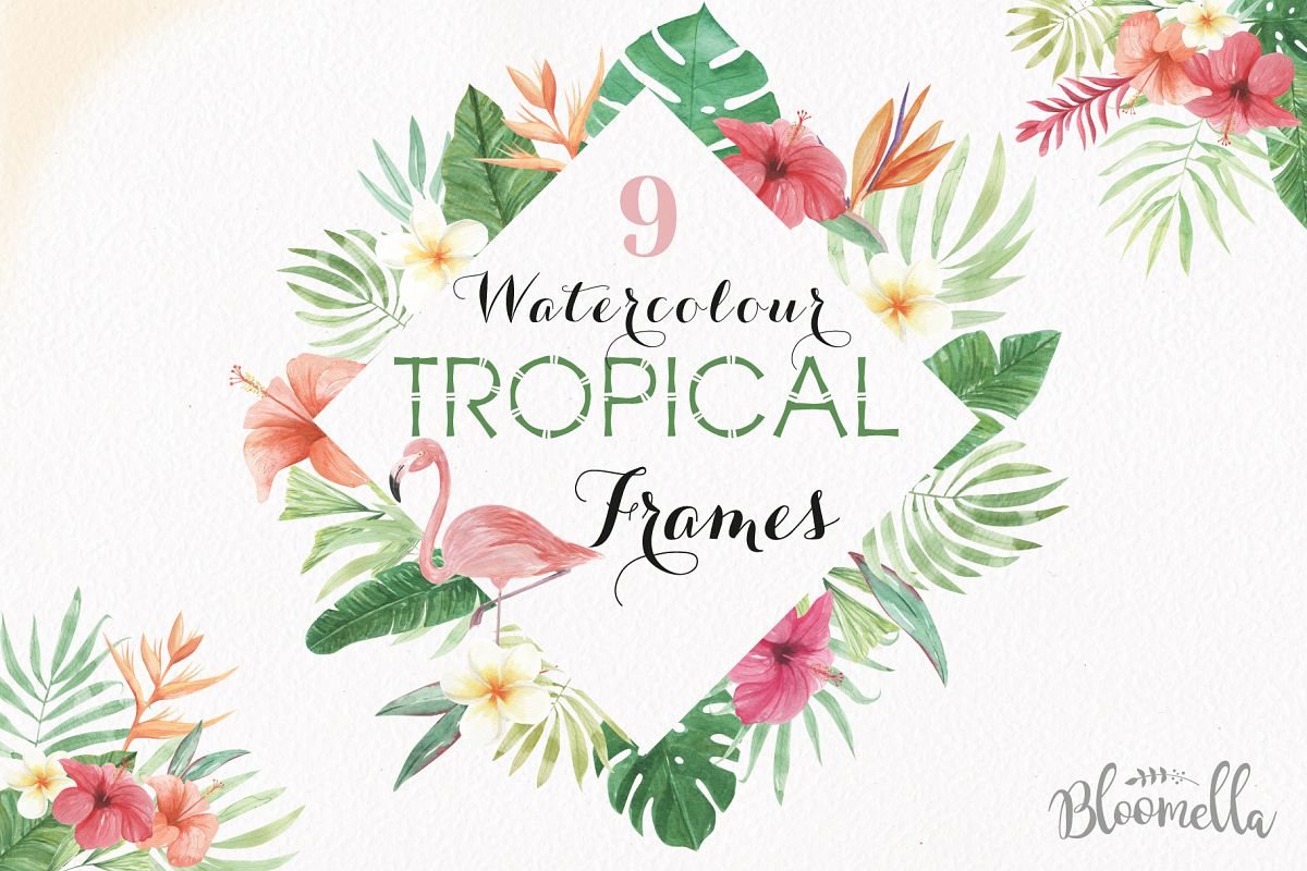 1200x800 Tropical Watercolor Clipart Frames Border Flamingo Flowers Hibiscus - Border Watercolor
